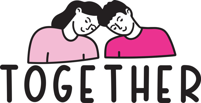 Two pink cartoon characters hugging with the word t o g e t h e r below