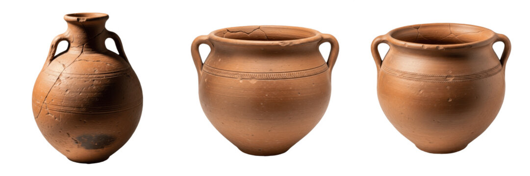 Set and collection of ancient clay amphorae and rustic terracotta pots isolated on white transparent PNG background.