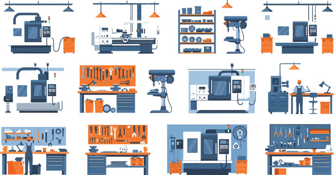 Industrial Workshop Machinery Vector Set with CNC Machines, Tools, Workbenches and Manufacturing Equipment in Modern Factory Illustration