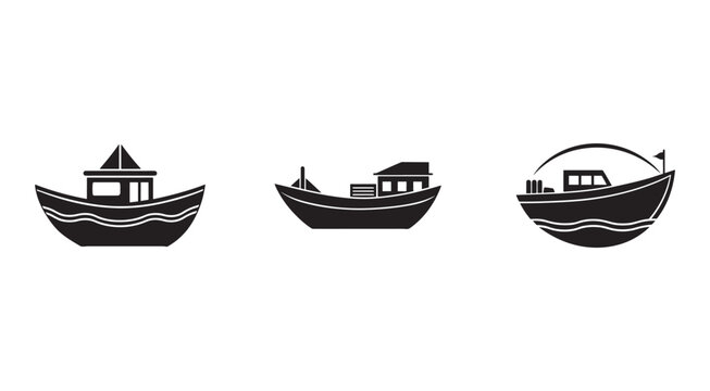 Set of three black boat silhouettes with different designs and flags on white background  nautical icons