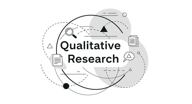 Qualitative Research concept illustration with abstract geometric elements, magnifying glass, and document icons.