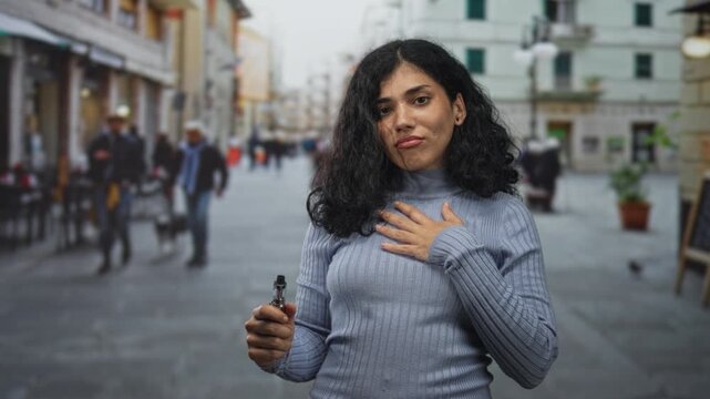 Arab woman holding vape device with one hand and palm pressed to chest in a busy street scene; surprise apology.