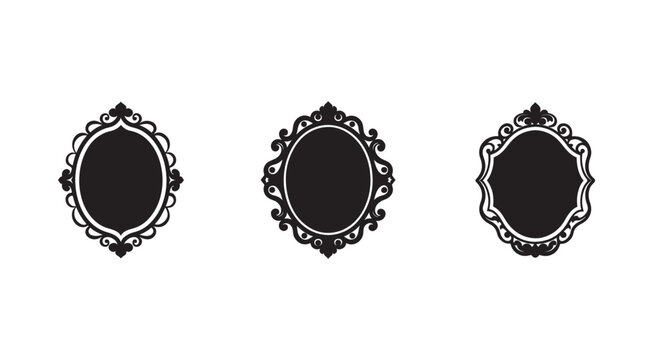 Set of three black ornate oval frames with white borders on white background  decorative elements  empty frames for photo or text  elegant floral patterns