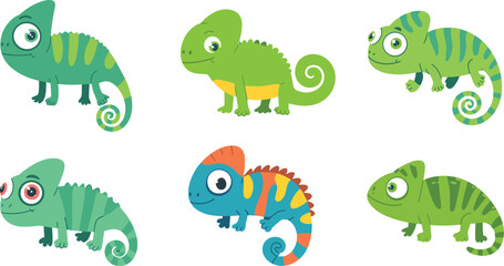 Naklejka premium Cute chameleon cartoon vector set with colorful reptiles, playful animal collection, kids illustration design