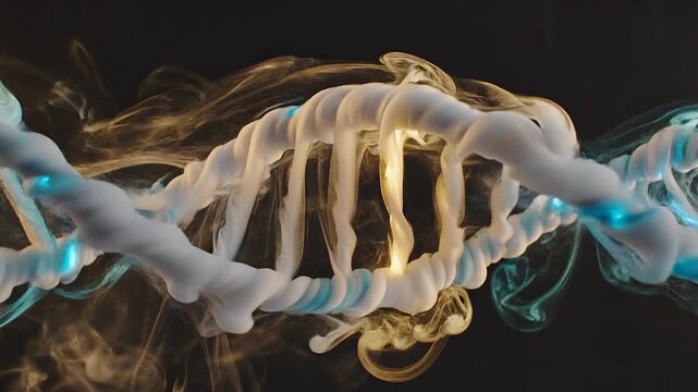 Abstract D N A helix structure with swirling smoke and glowing blue light scientific research biotechnology medical innovation concept