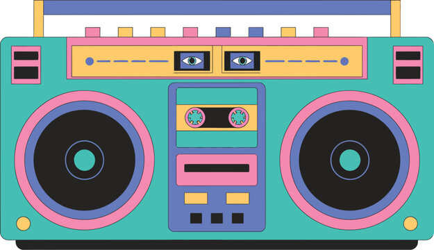 90s style cassette player, music box, and retro boombox vector illustration for vintage audio, nostalgia, and 1990s technology