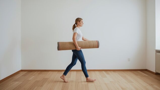 Mujer sonriente sentada descalza practicando yoga y ejercicio en casa en un interior de estilo de vida saludable