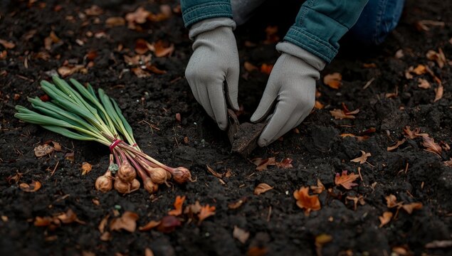 Mujer y ni&ntilde;o trabajando en una huerta al aire libre, plantando verduras y flores en un jard&iacute;n natural con hojas de primavera y verano