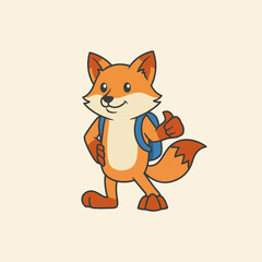 Fototapeta premium This charming fox character with a backpack gives a thumbs-up, embodying positivity and adventure, perfect for kids' materials or educational themes.