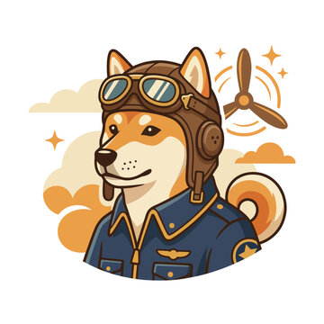 A whimsical Shiba Inu dog dressed as a pilot, complete with aviator goggles and a vintage outfit, evoking a sense of adventure and fun in the friendly skies.