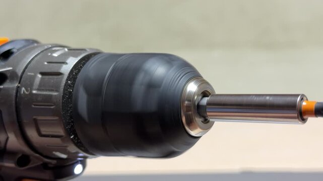 The cordless drill rotates a magnetic bit holder and Phillips head bit at high speed. As the motor spins, it generates a steady, mechanical whirring sound accompanied by a slight metallic vibration.