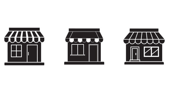 Set of three storefront building icons with awnings and windows  shop storefronts with doors and windows  building facades