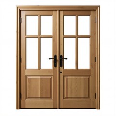 Obraz premium Wooden Double Door with Glass Panels and Black Handles