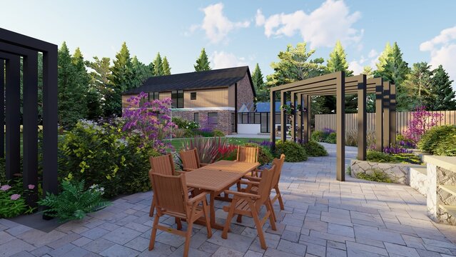 3D render of a modern luxury garden patio with wooden furniture, black metal pergolas, and stone paving featuring a beautiful landscape design with flowers and trees surrounding a contemporary house.
