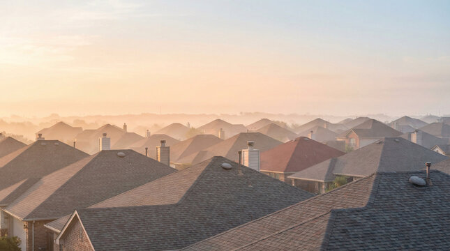 Hazy sunrise above suburban rooftops with soft pastel colors  