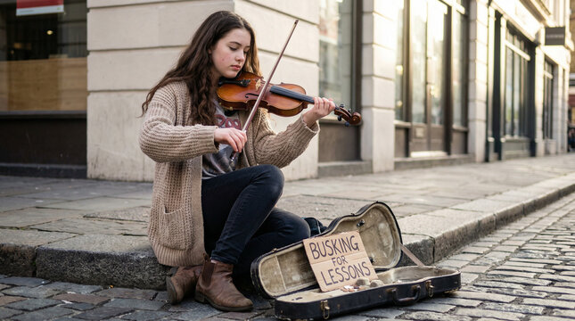 Teen girl busking with violin on street corner in urban setting  