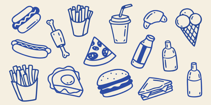 A collection of hand drawn fast food and sweet treat illustrations