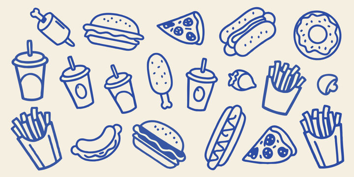 Collection of hand drawn fast food items and beverages in blue lines