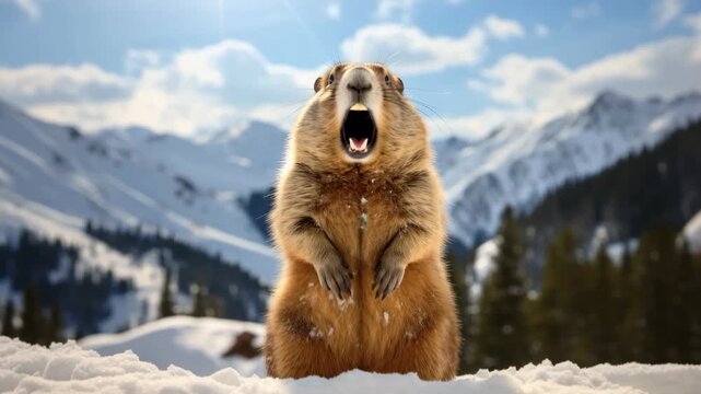 Marmot standing in snow, vocalizing with mouth open, surrounded by majestic mountains and a bright blue sky, showcasing the beauty of wildlife in a natural habitat
