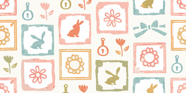 A repeating pattern featuring easter motifs like rabbits flowers and keys