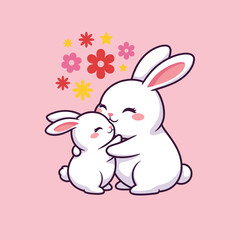 Obraz premium A heartwarming scene of a mother and baby rabbit sharing a loving kiss surrounded by colorful flowers, symbolizing affection, bond, and cuteness in a vibrant illustration.
