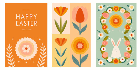 Happy easter floral illustrations a triptych of springtime greetings © Bithi