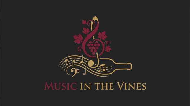 An exquisite logo representing 'Music in the Vines', featuring wine notes and musical elements, symbolizing elegance and celebration of music and wine in an artistic design.