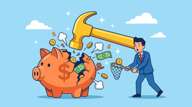 This humorous illustration depicts a businessman smashing a piggy bank with a hammer while trying to collect cash, representing the quest for wealth and resources.