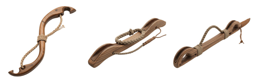 Set and collection of ancient wooden hunting bows and primitive archery equipment isolated on white transparent PNG background.