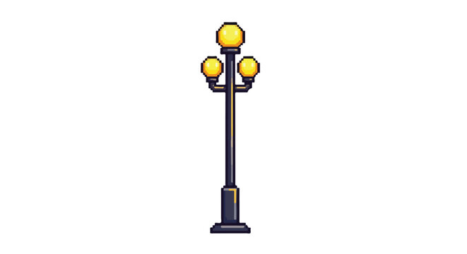 A pixel art illustration of a tall street lamp featuring three glowing yellow globes atop a dark grey post, isolated on a white background.