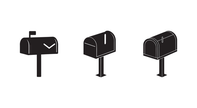 Three black and white mailboxes on white background with different designs and flags  mailboxes