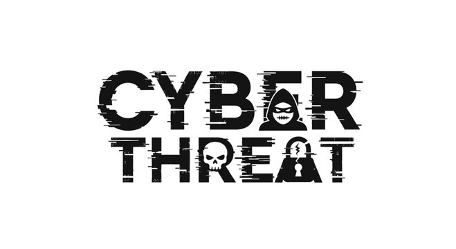 Cyber Threat typography with glitch effect and hacker icons.