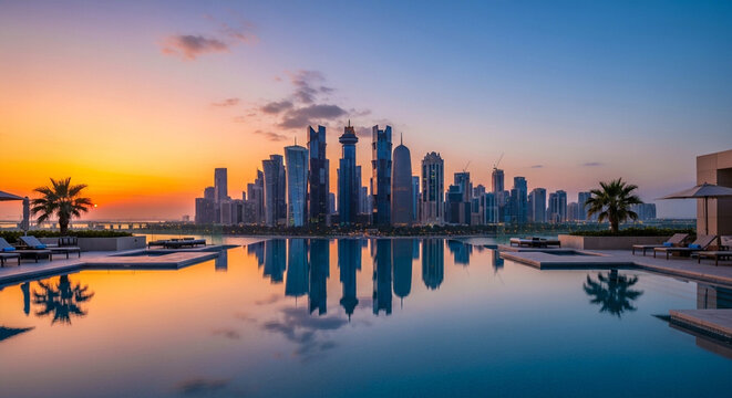 Beautiful Doha City Skyline at Sunset Reflected in a Luxury Infinity Pool in Qatar