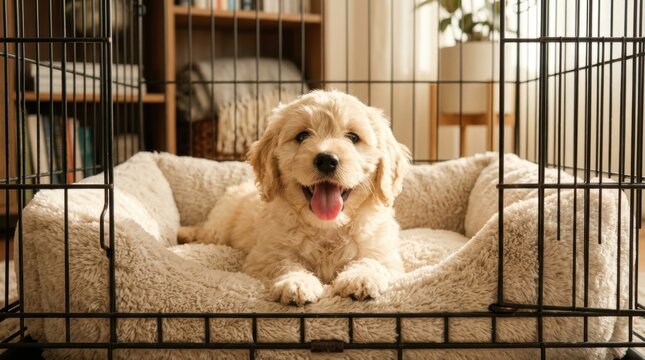 A happy, fluffy golden retriever puppy lounging comfortably in its soft bed indoors