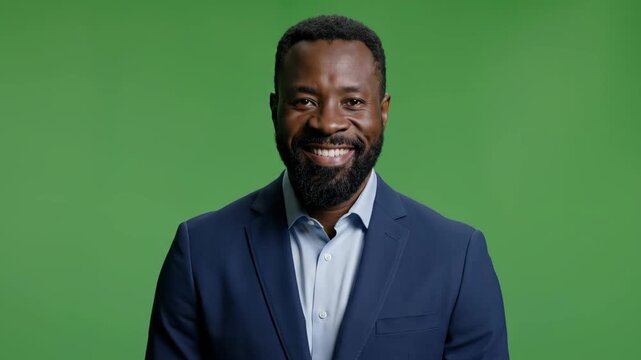 Confident professional man smiling in business suit against green background