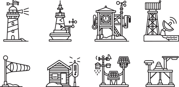 Various historical and industrial machines and apparatuses illustrated in black and white Vector