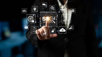 Fototapeta premium SEO concept for improving SEO visibility, with SEO related digital tools and SEO performance icons shown in an focused layout for strategic marketing. Spline