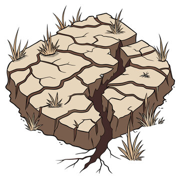 A stylized illustration depicts cracked dry earth with sparse vegetation symbolizing drought and environmental degradation high quality professional detailed modern