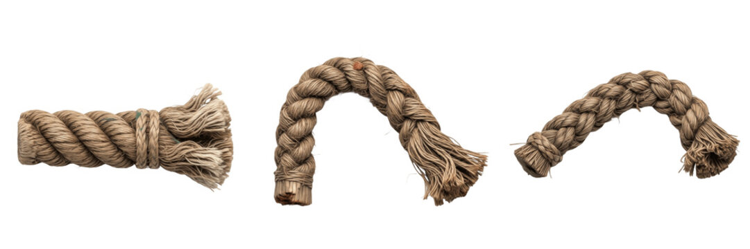 Set and collection of strong thick jute rope pieces and twisted hemp fiber cords with frayed ends isolated on white transparent PNG background
