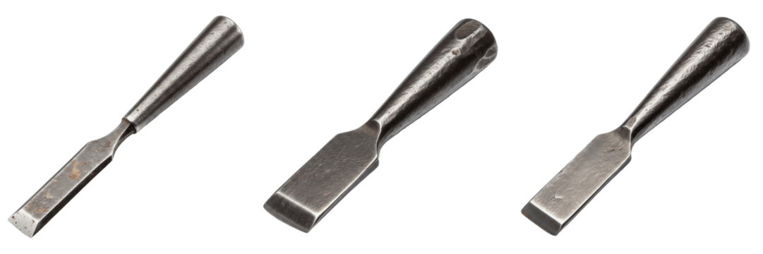 Set and collection of professional wood carving chisels and metal woodworking hand tools with sharp steel blades isolated on white transparent PNG background