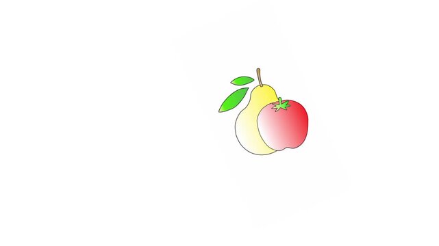 Minimalist animation of a pear and tomato illustration with a clean white background. Simple 2D fruit movement with vibrant colors and smooth gradients.