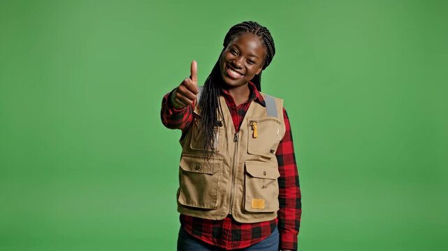 Joyful Female explorer with hands on hips against green background