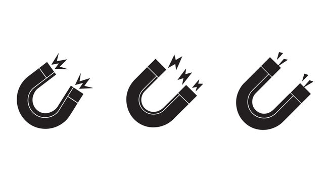 Three black horseshoe magnets with electric sparks on white background  magnetic field and attraction concept