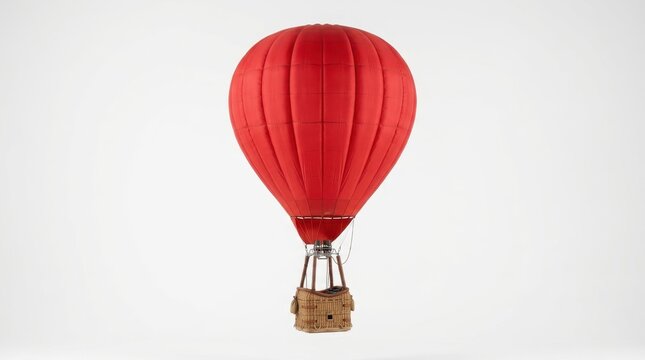 A single vibrant red hot air balloon with a wicker basket isolated on a white background