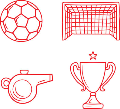 A captivating set of four bold red outline vector icons, meticulously crafted to represent essential components of the dynamic sport of soccer, includes a classic patterned soccer ball, a sturdy regul