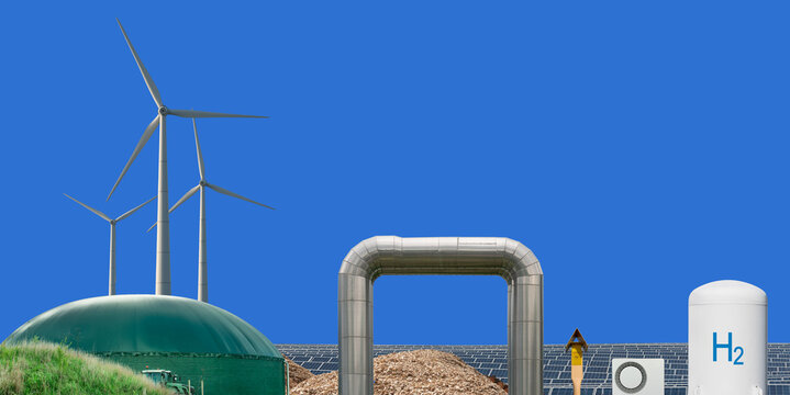 Technologiemix aus W&auml;rmepumpe, Fernw&auml;rme, Biomasse, Gas, Windkraft, Photovoltaik und Wasserstoff 
