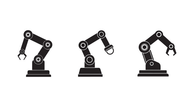 Three black robotic arms with different end effectors on white background for industry automation and manufacturing concepts  robotic arms with claws and suction cup