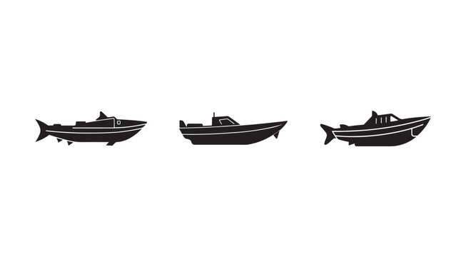 Three black silhouette boats in shape of fish on white background  watercraft designs  marine vessels