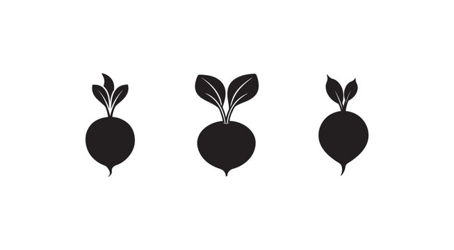 Three black silhouettes of beetroot with leaves on white background  vegetable icons