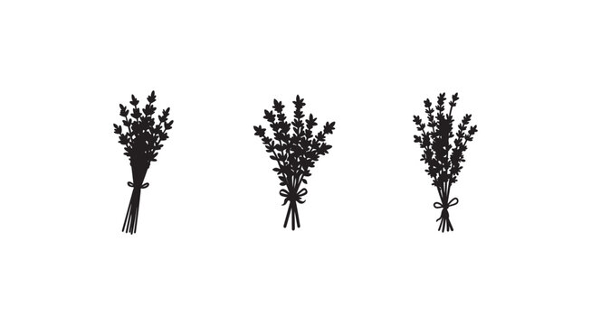 Three black silhouettes of bouquets of plants with tied stems and leaves on white background  isolated  decorative floral elements